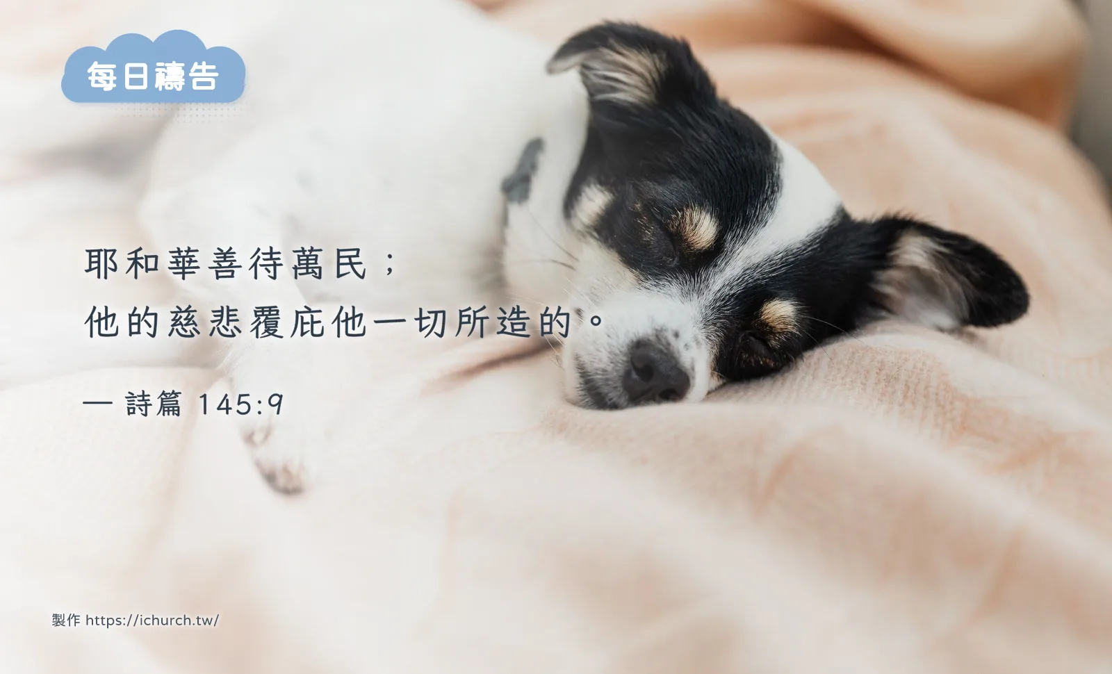 經文圖「耶和華善待萬民；他的慈悲覆庇他一切所造的。」（詩篇 145:9），背景是趴在床上休息的狗