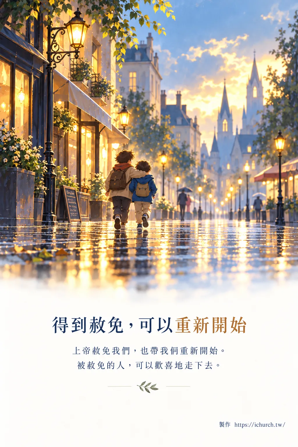 傍晚的街道，兩個孩子互相搭著肩膀，一起走向發亮的遠方