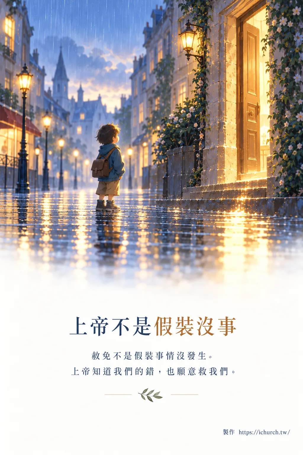 雨夜的街上，一個背著書包的孩子站在發光的門前，抬頭看著