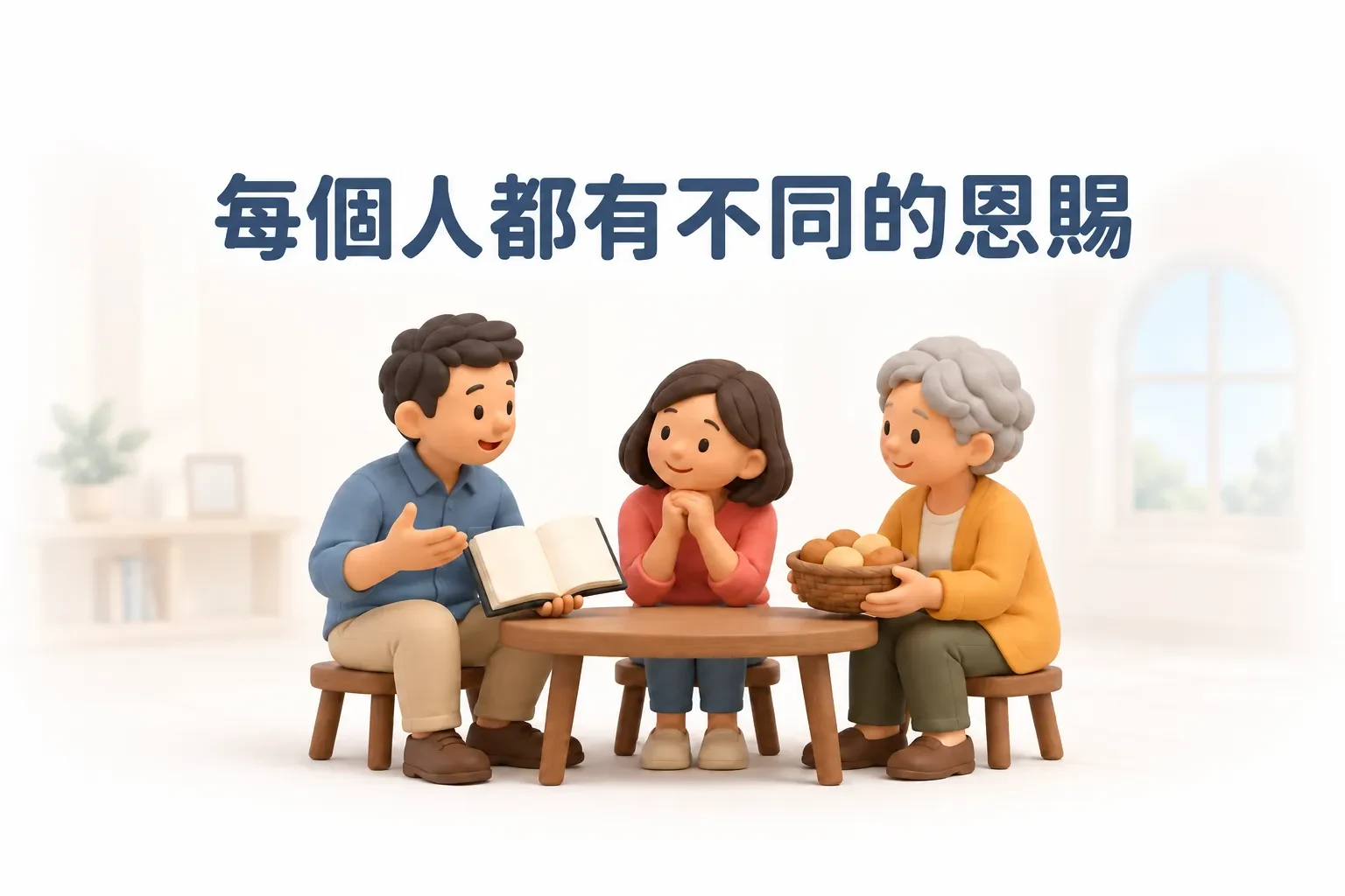 三個人圍著圓桌：一人拿著聖經在講解，一人合著手傾聽，一位長者捧著一籃麵包