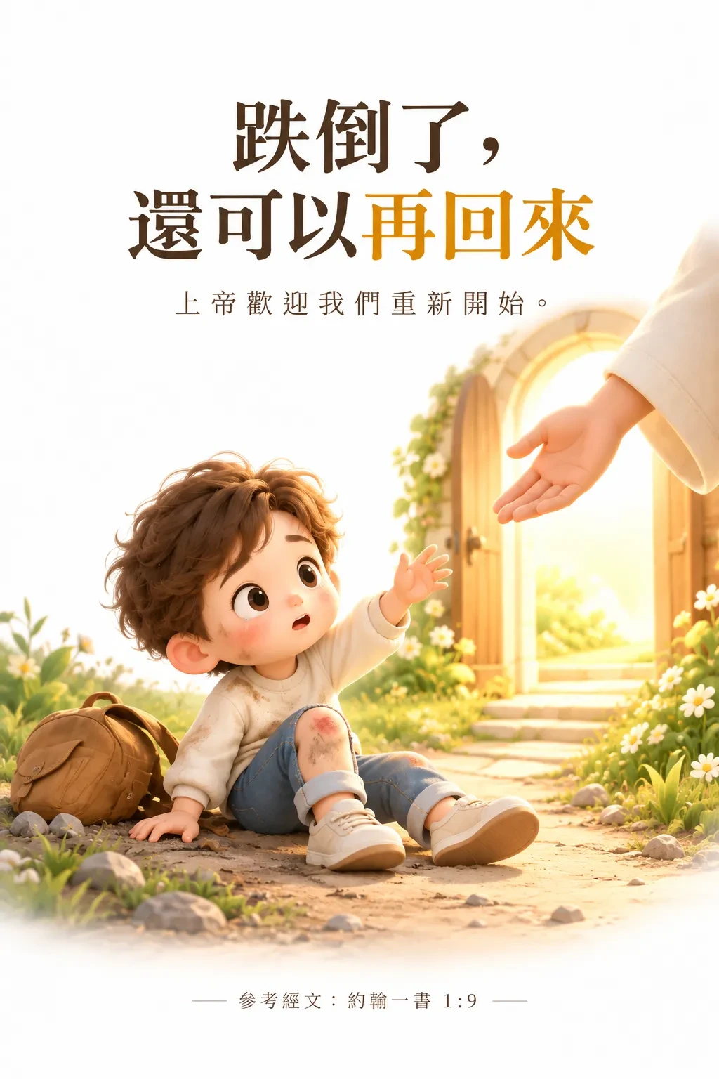 一個跌倒的男孩坐在地上，膝蓋受傷，向發光的門口伸出手，一隻手從上方向他伸來