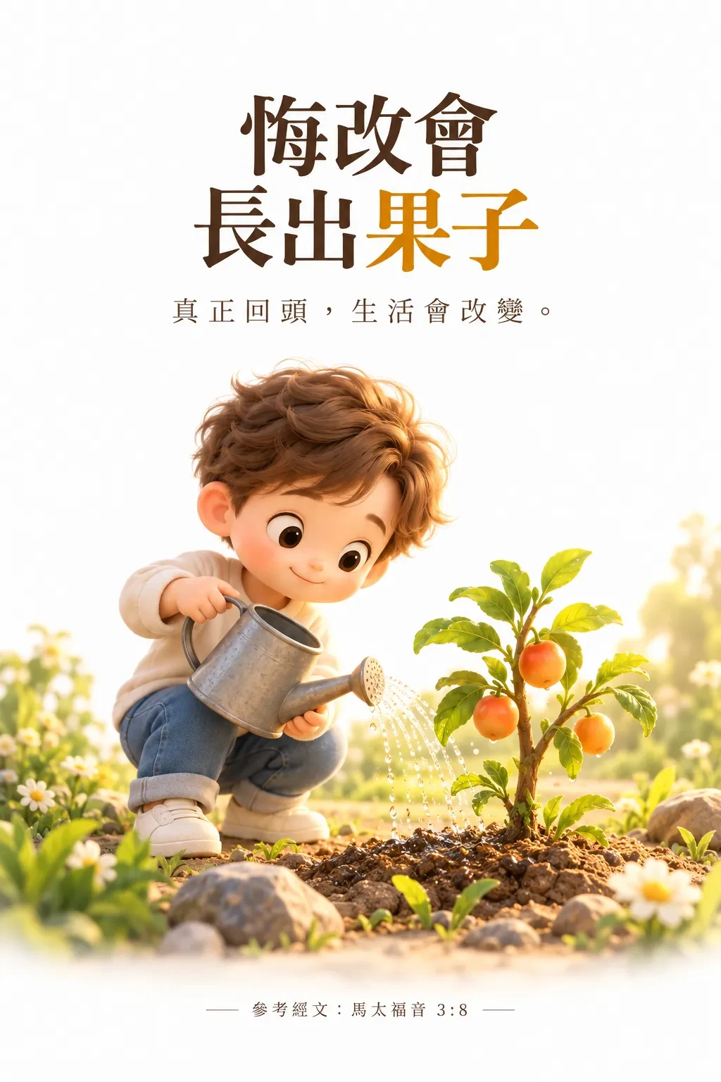 一個男孩蹲著用水壺澆水，面前的小樹結了紅色的果子