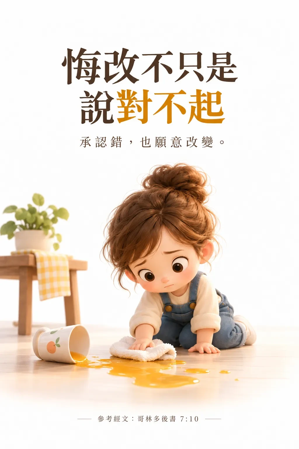 一個女孩跪在地上，用毛巾擦翻倒的杯子灑出來的果汁