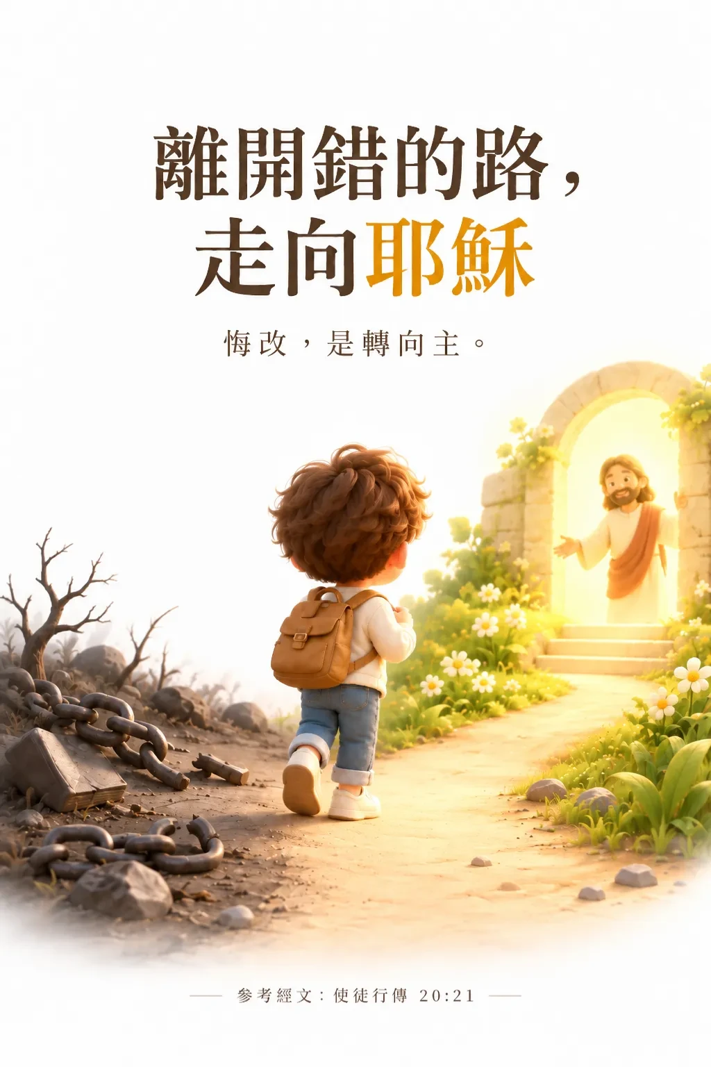 一個背著背包的男孩背對鎖鏈和枯樹，走向開滿花的小路盡頭、張開手迎接他的耶穌