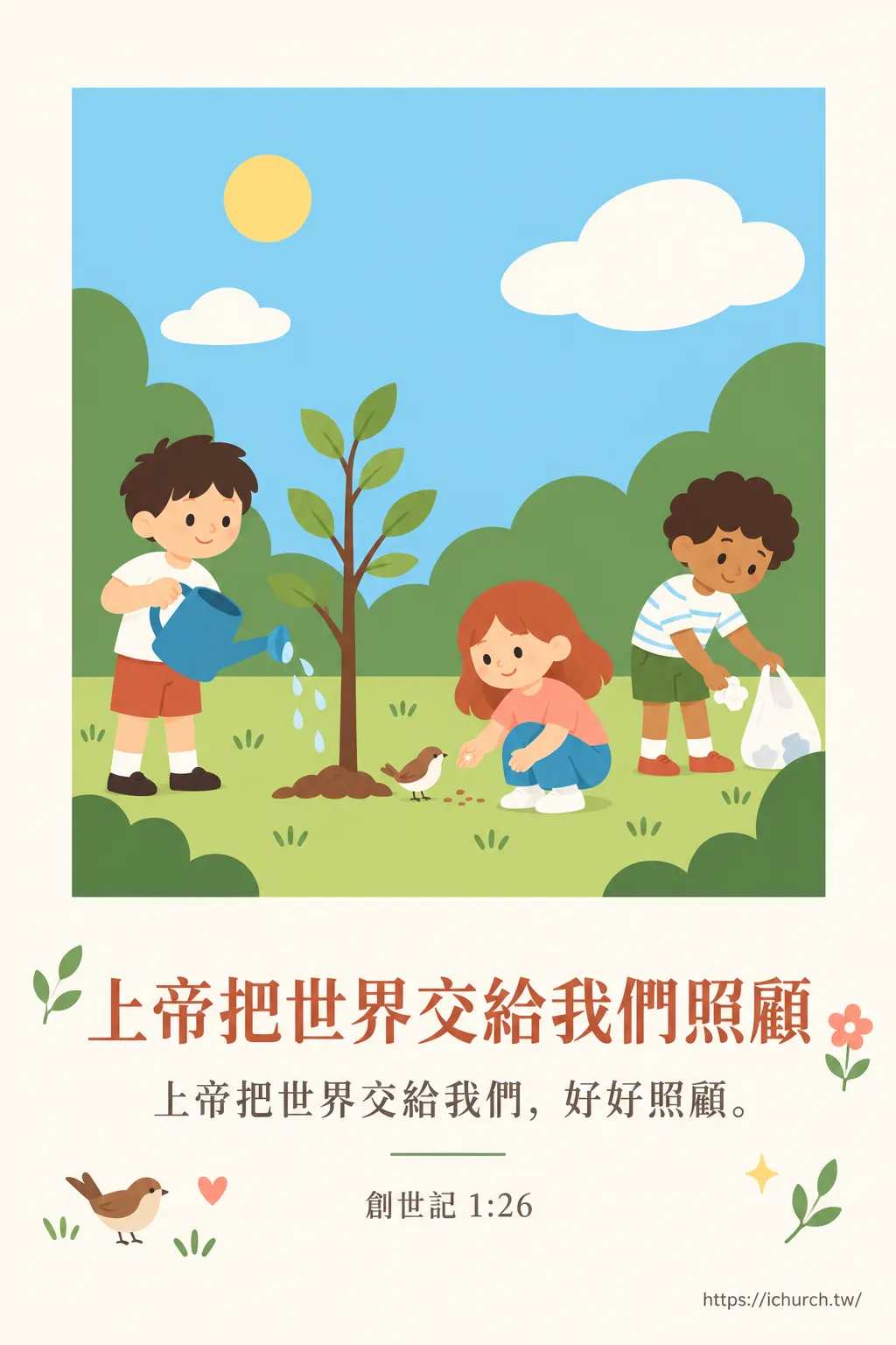 三個孩子照顧大自然：一個在幫小樹澆水，一個拿種子餵麻雀，一個撿垃圾