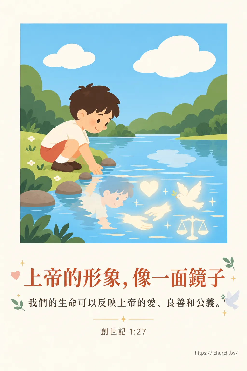 一個孩子蹲在湖邊，水面映出他的倒影，旁邊浮著發光的愛心、鴿子、天平和一雙手