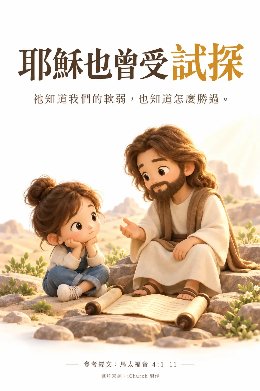 曠野的岩石上，耶穌坐在小女孩身旁，面前攤開一卷經卷，對她說話