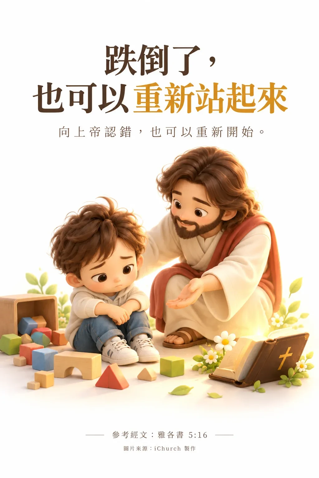 一個難過的男孩坐在散落的積木旁，耶穌蹲在他身邊，伸出手安慰他