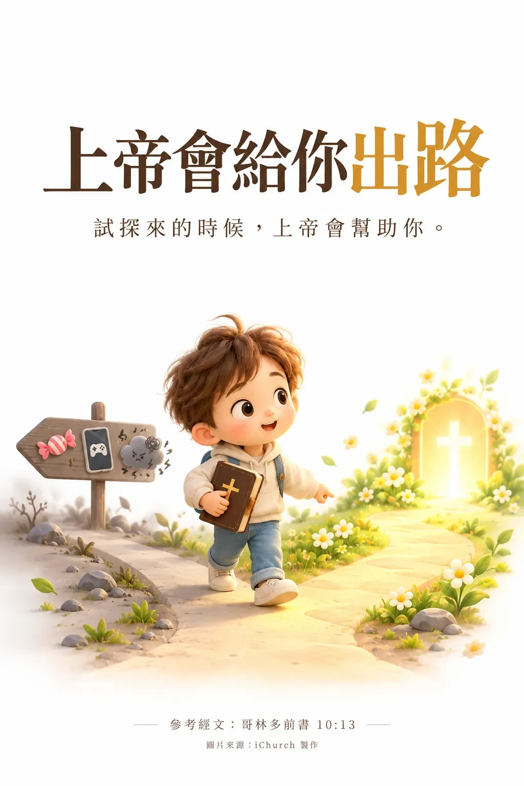 一個抱著聖經的男孩離開寫著糖果、手機和烏雲的路牌，走向開滿花、發著光的十字架拱門