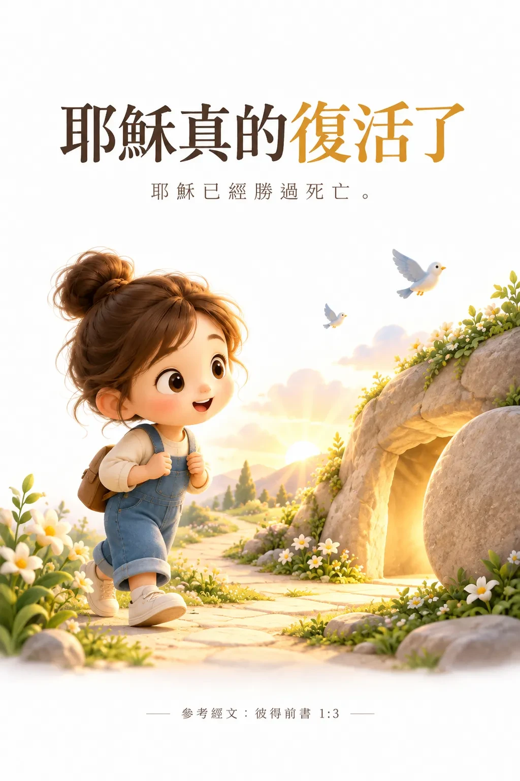 清晨，一個背著書包的女孩笑著走向發光的空墳墓，天空有小鳥