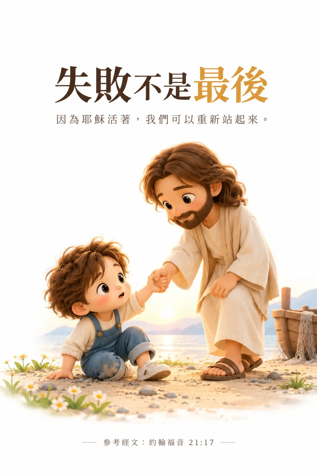 海邊，耶穌彎下身，拉起坐在地上的孩子