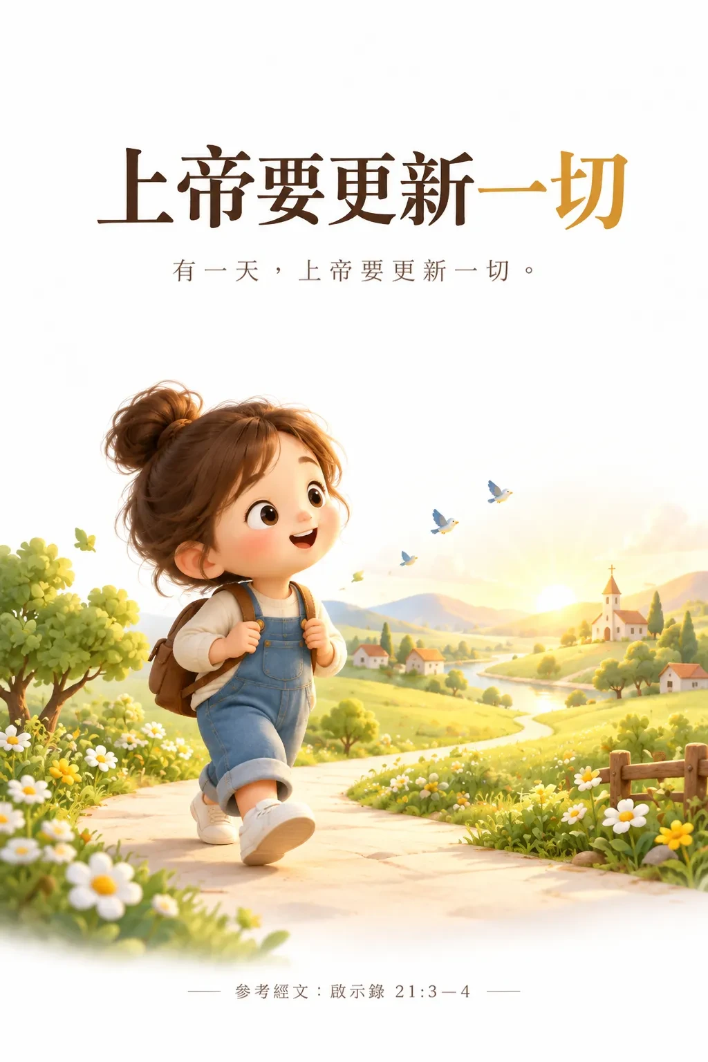 一個背著書包的女孩笑著走在開滿花的路上，遠處有河、房子和山丘上的教堂