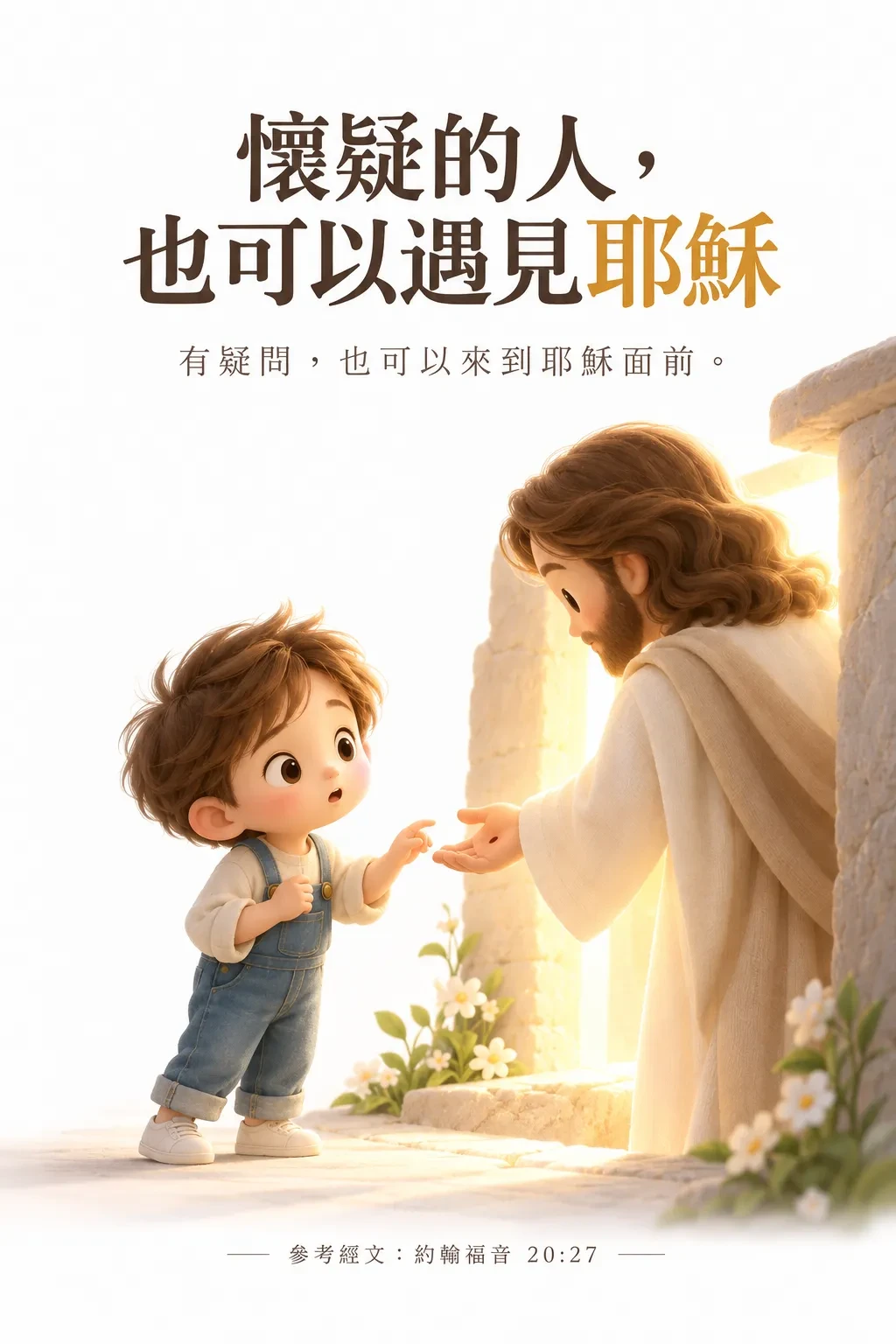 一個孩子伸手要摸耶穌向他伸出的手，旁邊有發光的墓門和小花